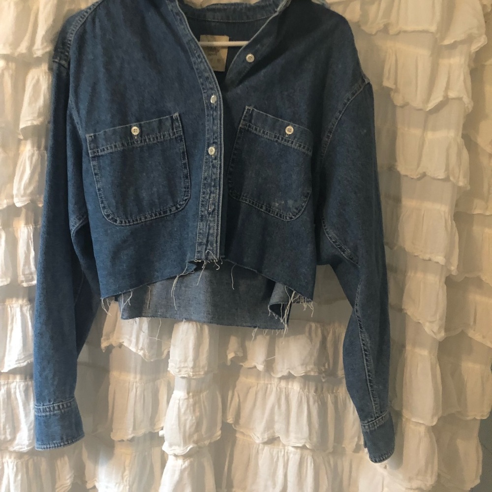 Bershka raw hem slightly cropped denim jacket